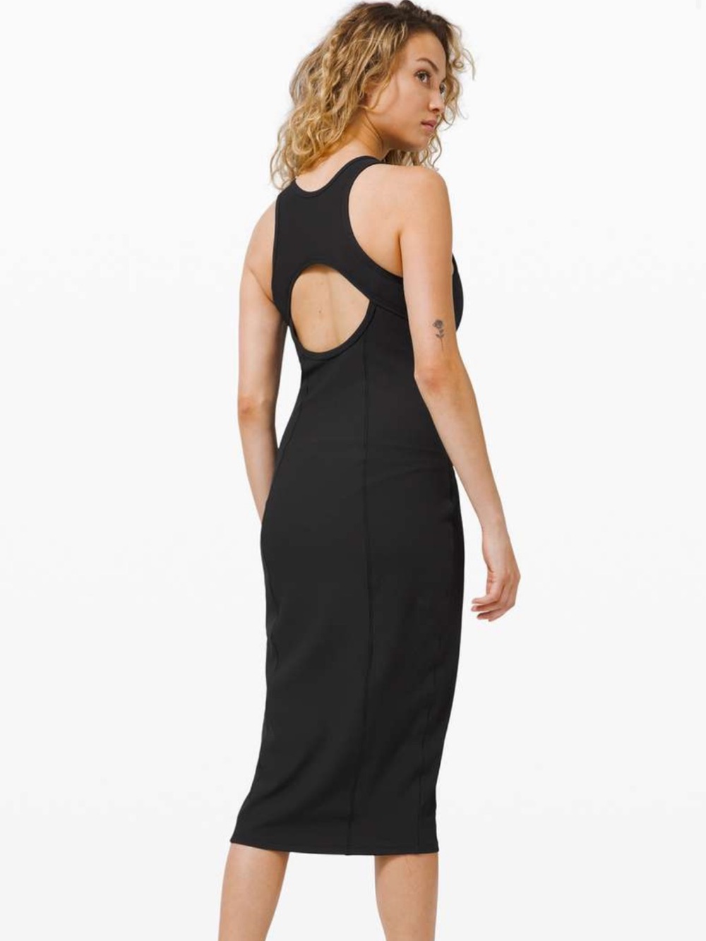 Lululemon Brunch & Back Midi Dress Modern Romantic Cutout Black Ribbed Size 6